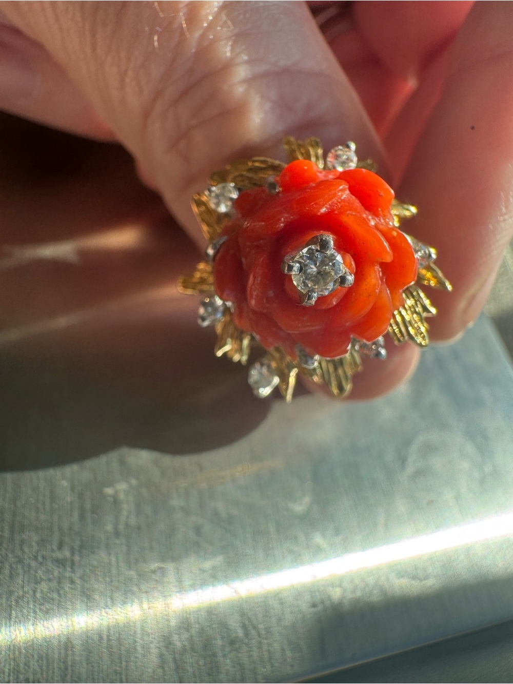 18K Yellow Gold Carved Coral & Diamond Flower Ring - Picture 7 of 8